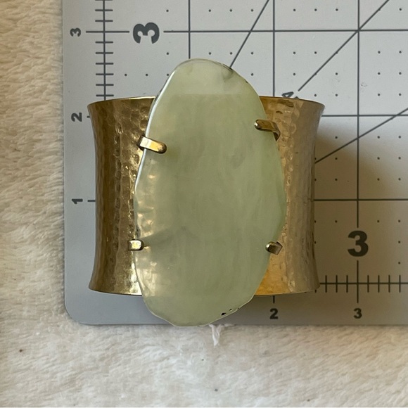 Hammered Brass Cuff Bracelet Adorned with Acrylic Pale Green Stone - Picture 14 of 16